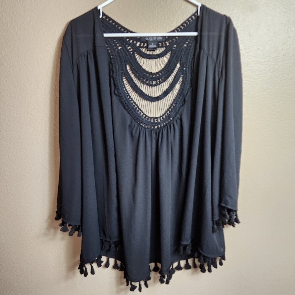 August Silk Womens Black Chiffon Jacket w/Crochet Inlay and Tassels-Size M